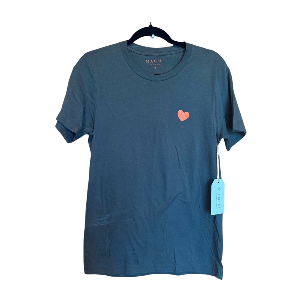 ✨ NWT Magill Slate Blue Tee with Pink Heart Minimalist Everyday Top Size Small